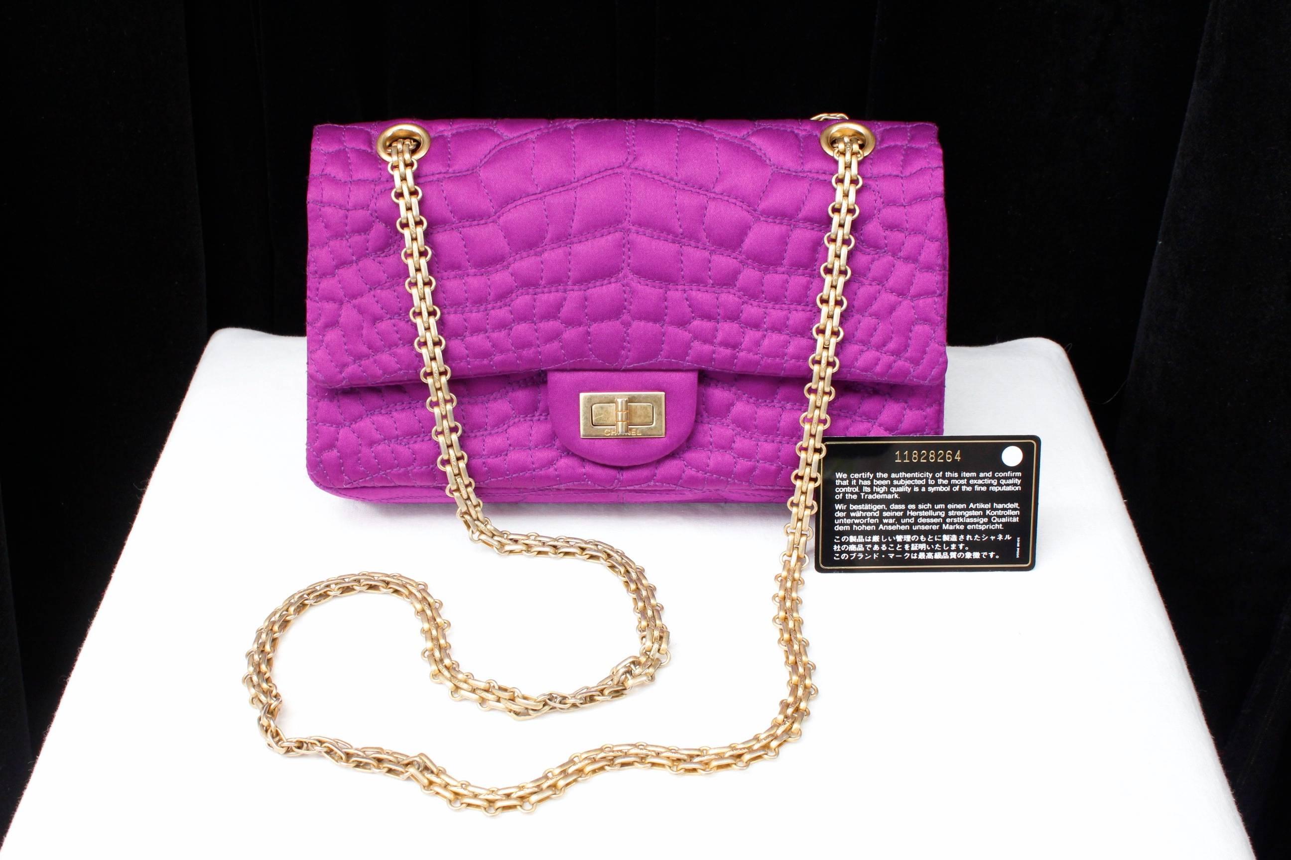 Chanel 2-55 Purple Satin Shoulder Bag with Crocodile Pattern, 2000s For Sale 3