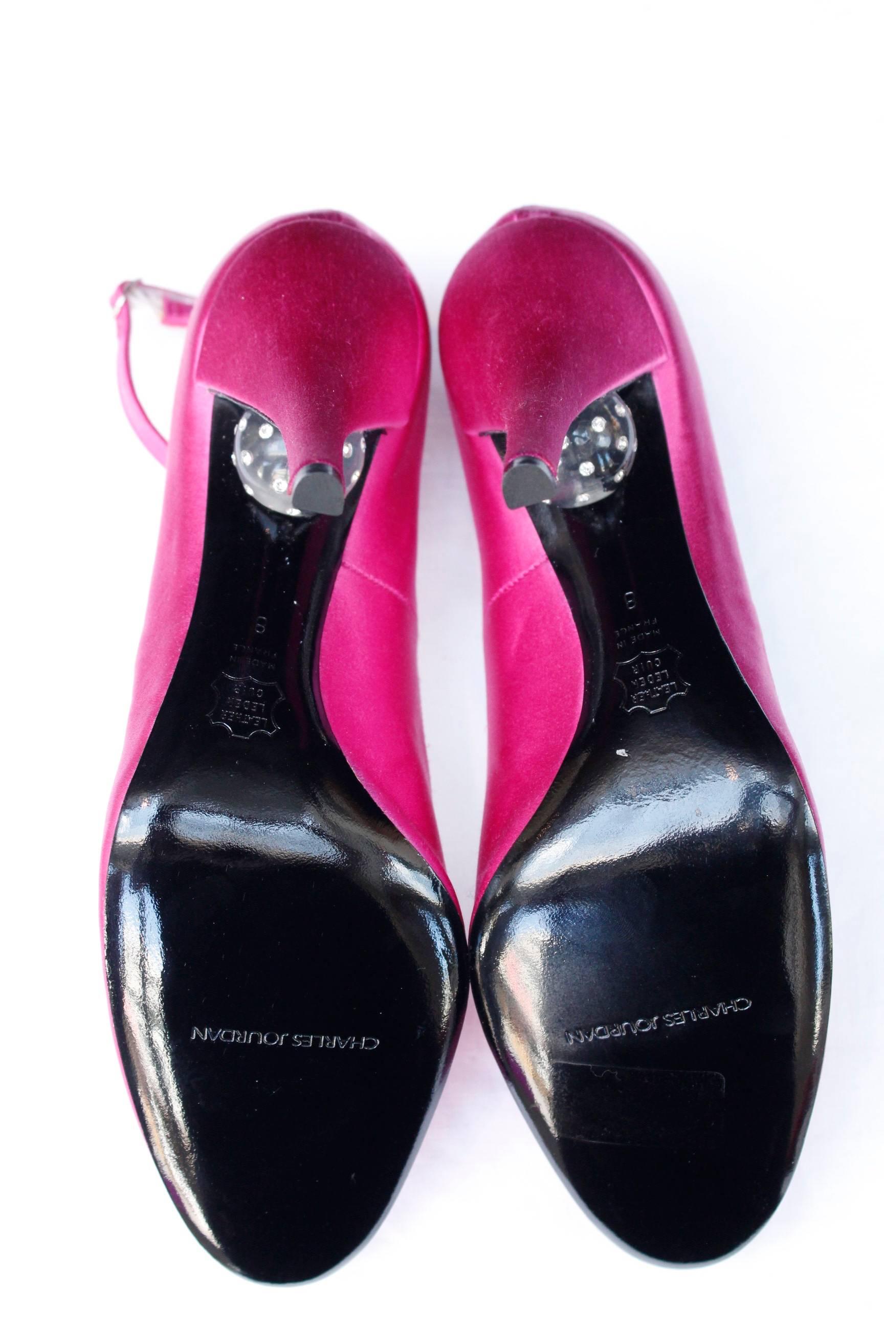 Charles Jourdan fuchsia satin pumps decorated with a transparent sphere. 1