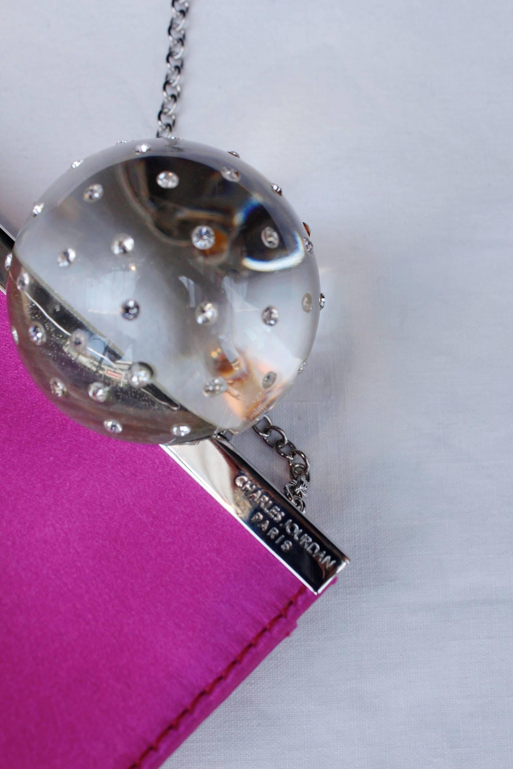 Charles Jourdan evening clutch made of fuchsia satin and transparent sphere 2