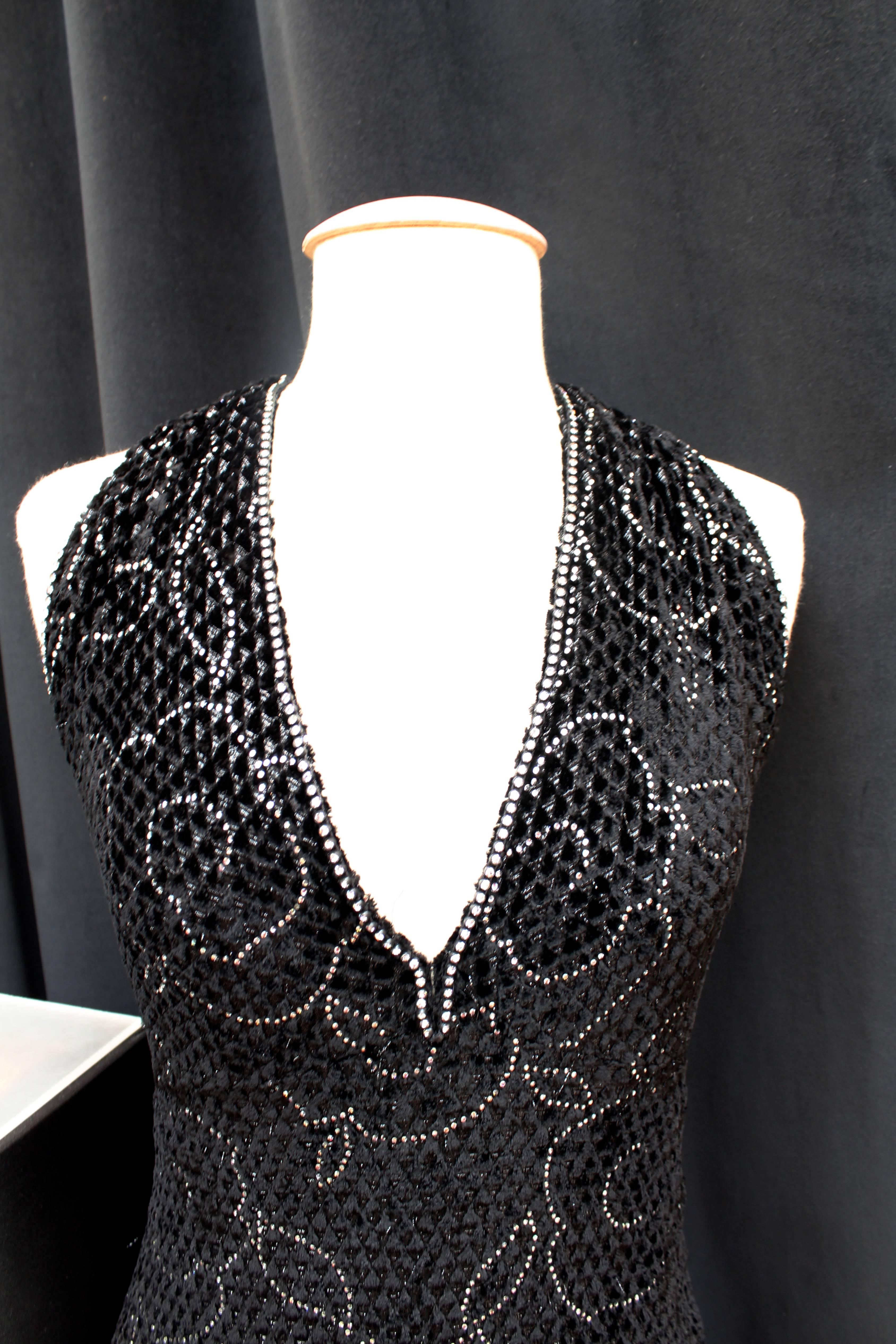 Women's or Men's 1970s, Pierre Balmain Runway halter dress in black velvet and rhinestones