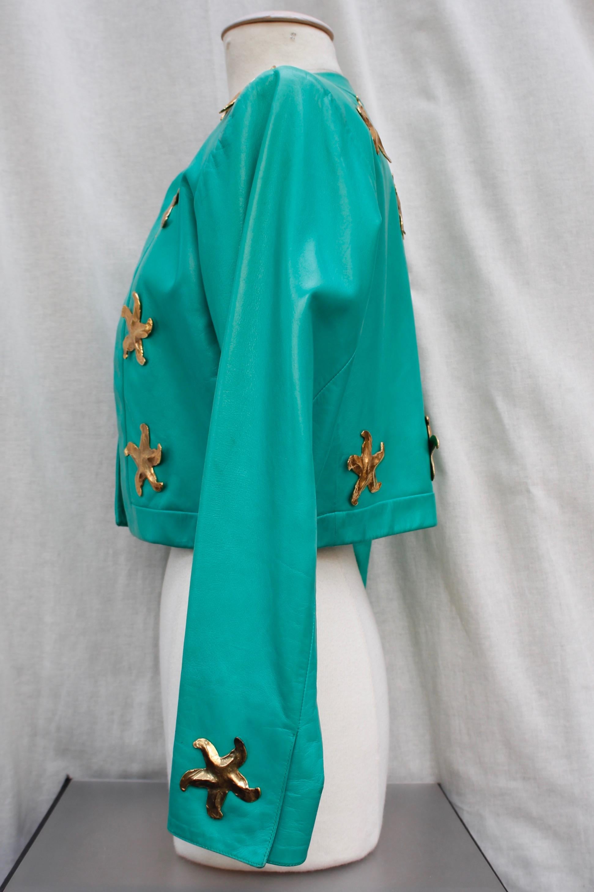 Women's Yves Saint Laurent beautiful green lambskin jacket with golden stars For Sale