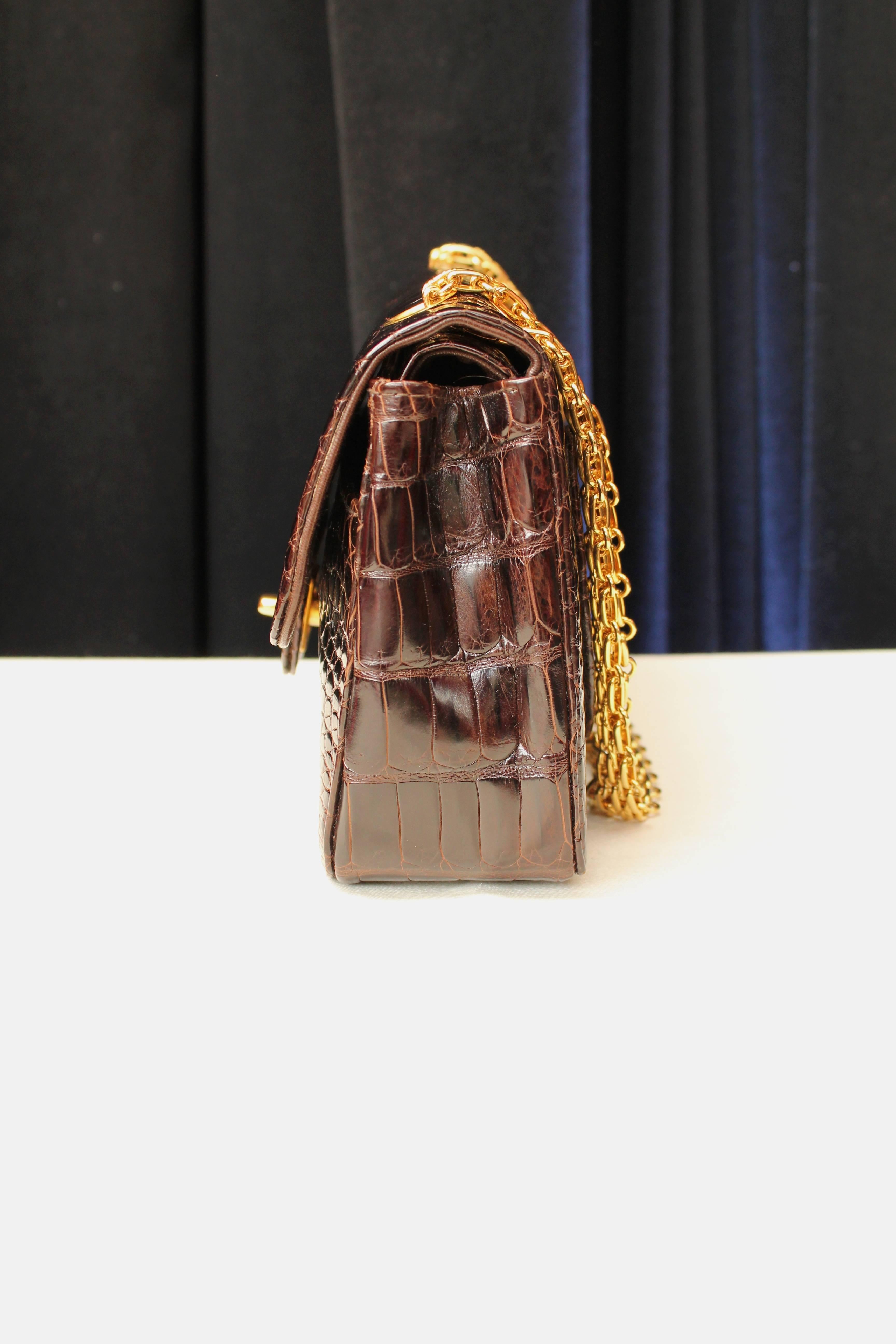 Chanel Chocolate Crocodile Timeless Double Flap Bag In Excellent Condition In Paris, FR