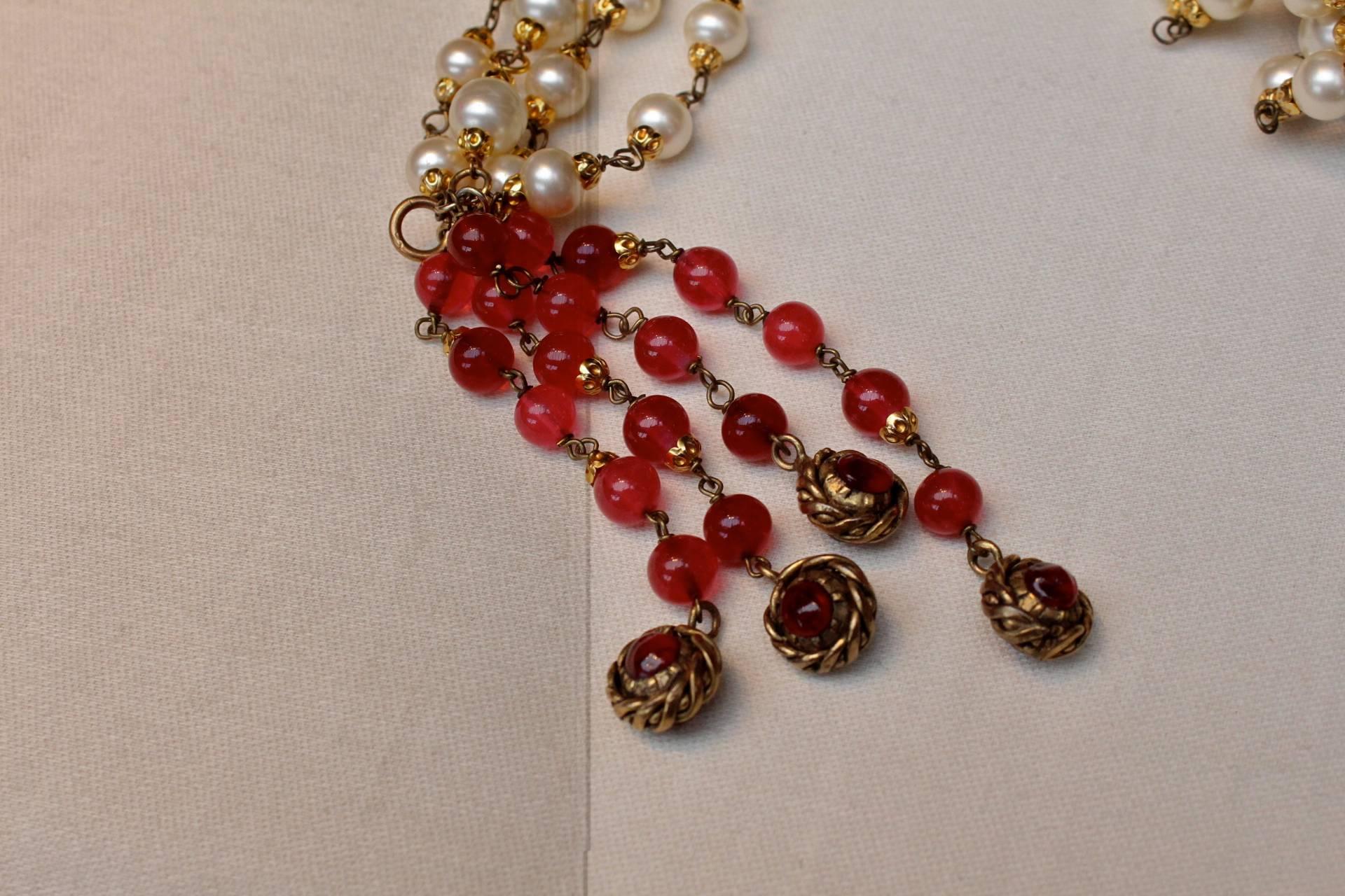 1984 Chanel necklace with Faux Pearls and Red and Green Glass Paste 1