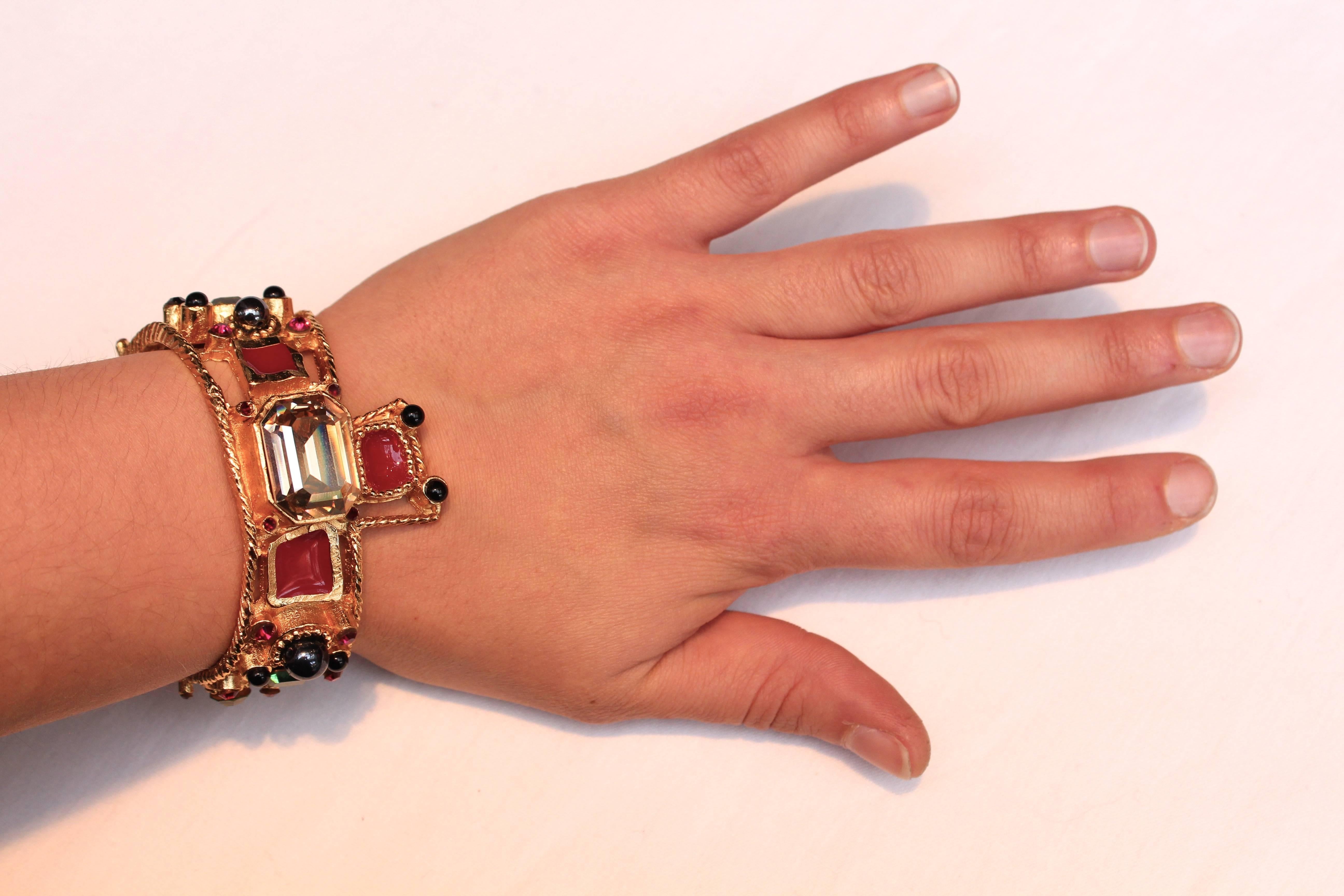 1990's Christian Lacroix Cuff with Gold Metal and Multicolor Crystals 2