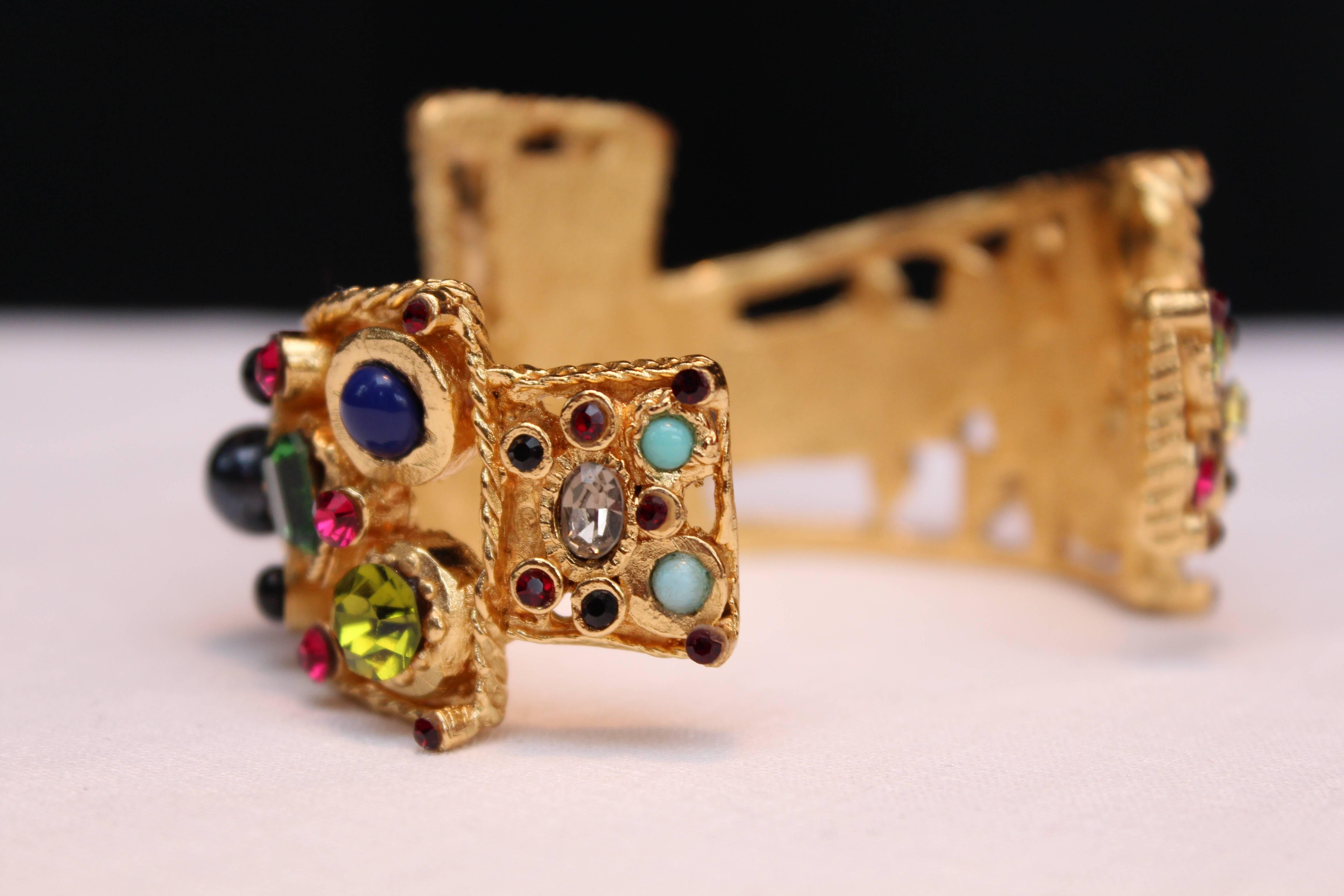 1990's Christian Lacroix Cuff with Gold Metal and Multicolor Crystals In Excellent Condition In Paris, FR