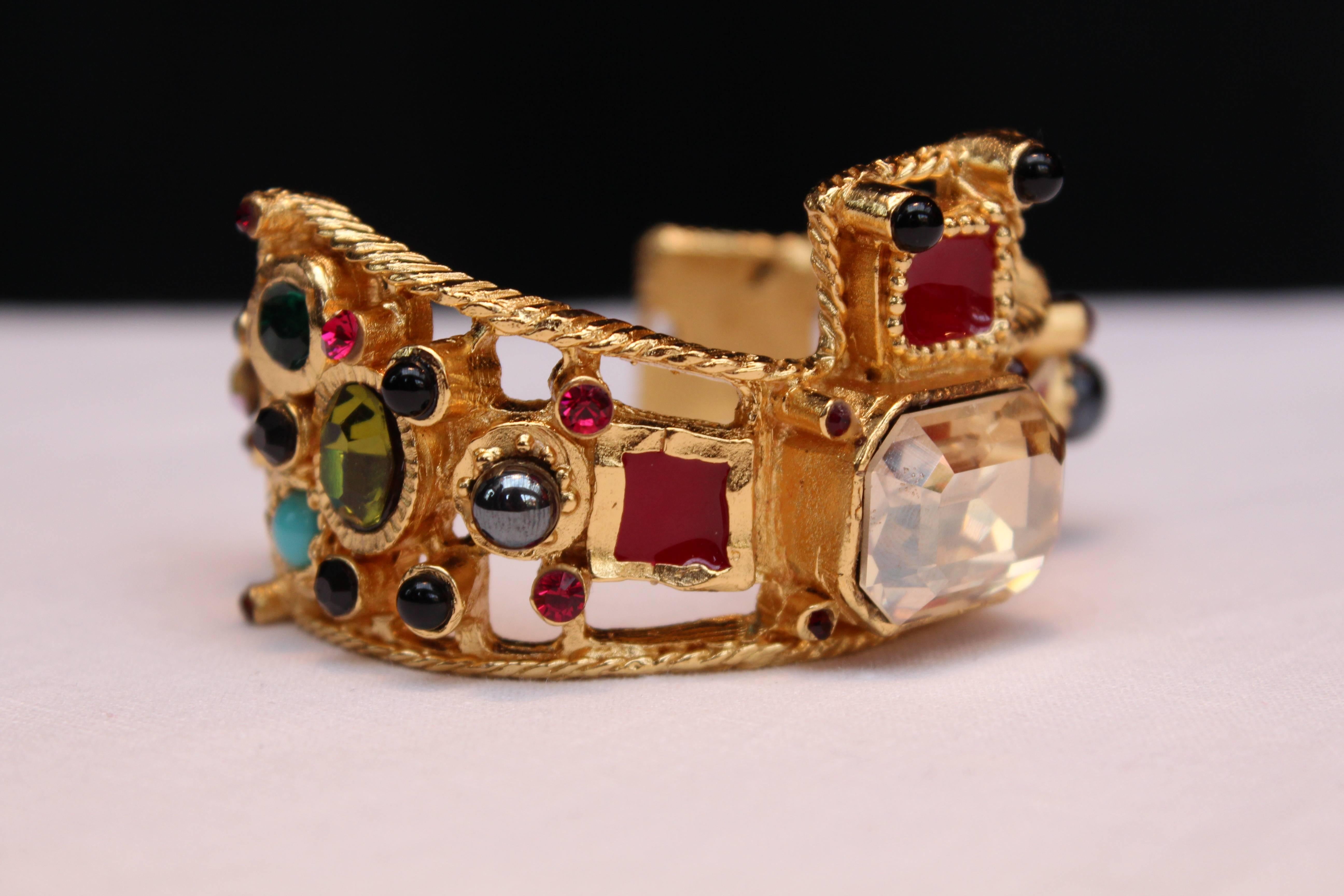 1990's Christian Lacroix Cuff with Gold Metal and Multicolor Crystals 1