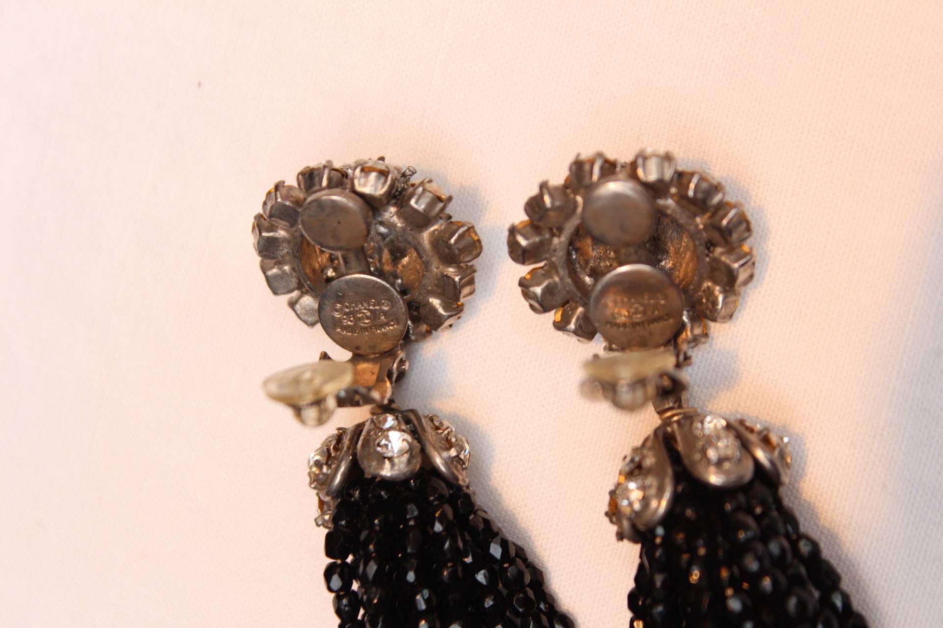 Women's 1995 Chanel Drop Earrings with a Tassel of Black Beads and White Crystals