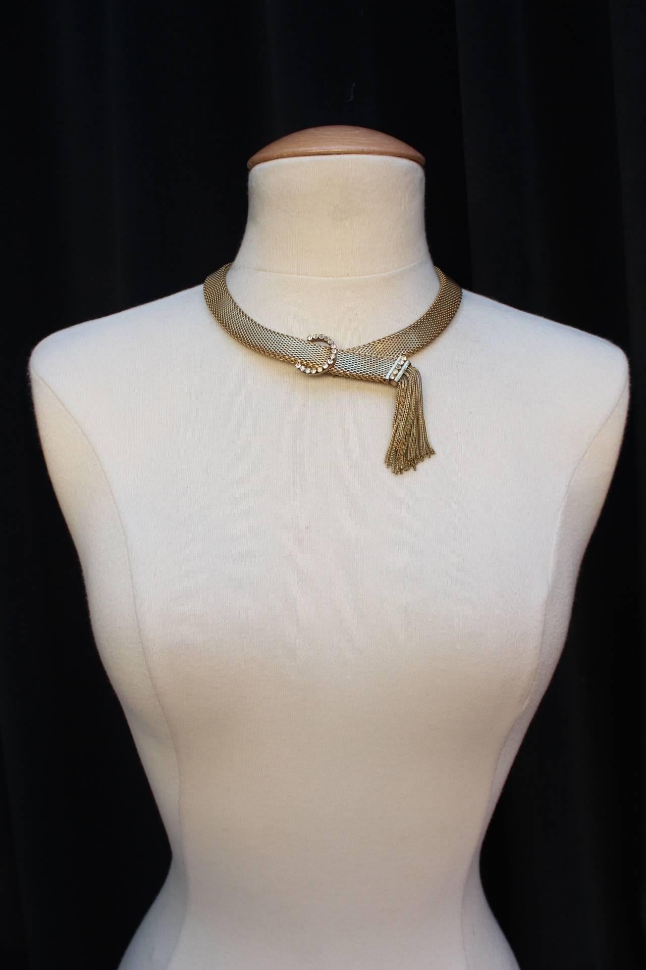 Women's 1960's Balenciaga Gilt Metal and White crystals Necklace  For Sale