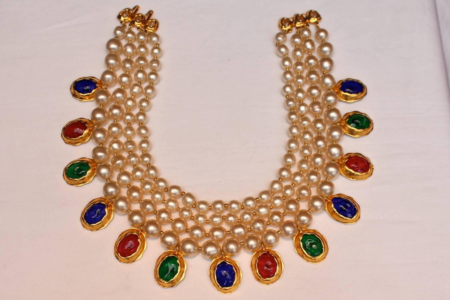 Early 1990's Chanel Multi-strands Pearl and Multicolor Glass Paste Necklace In Excellent Condition In Paris, FR