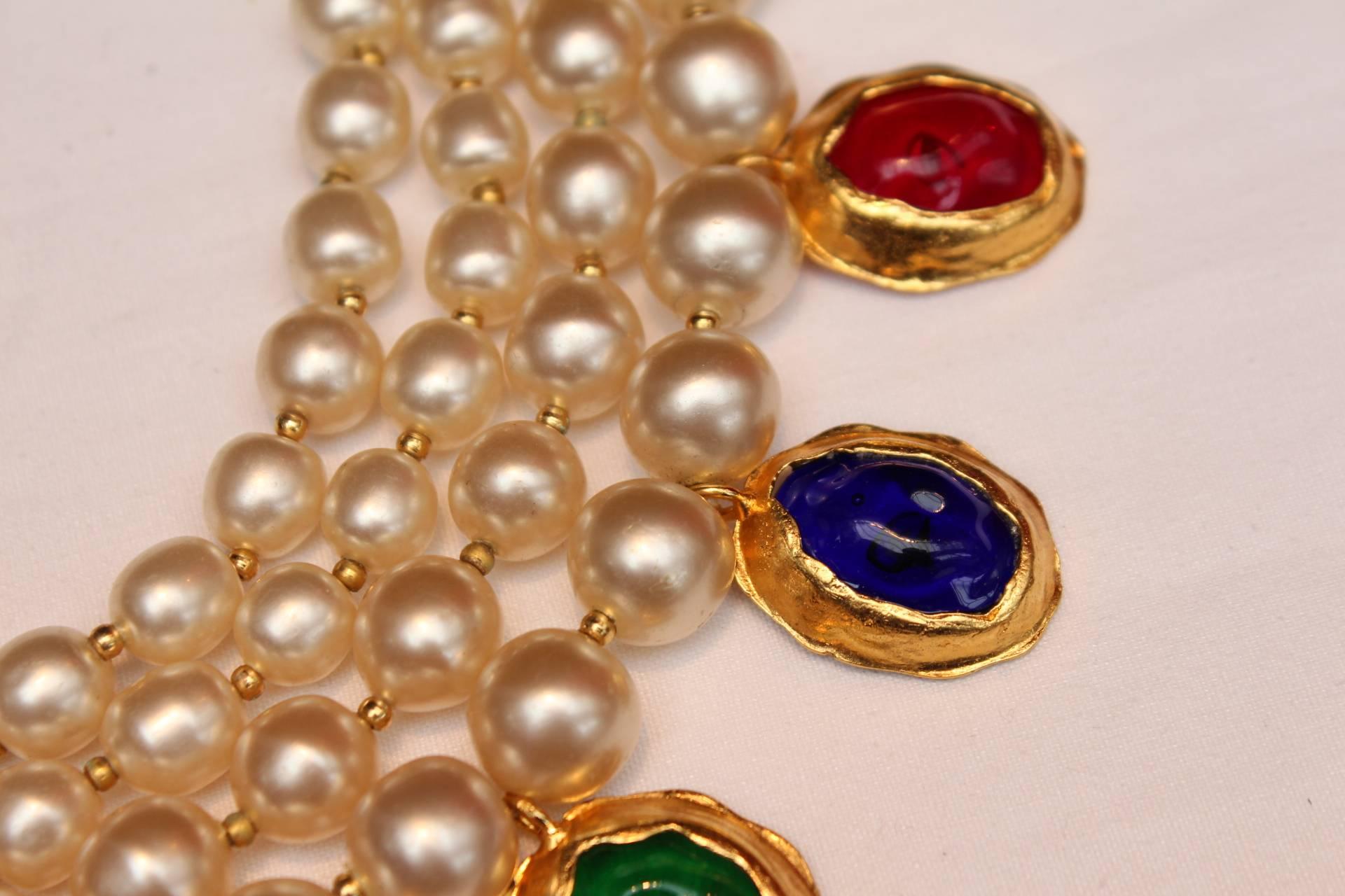 Early 1990's Chanel Multi-strands Pearl and Multicolor Glass Paste Necklace 1
