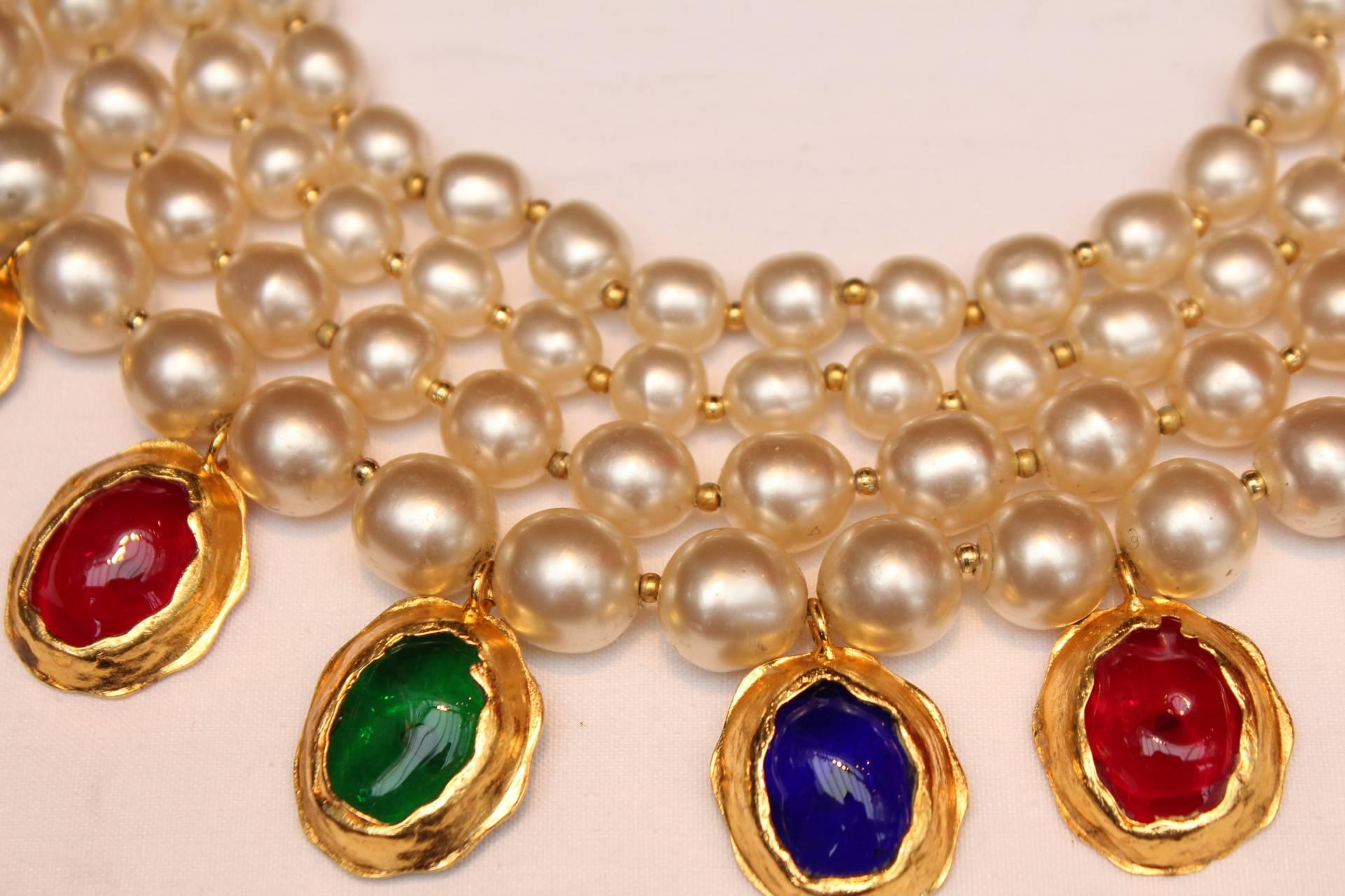 Women's Early 1990's Chanel Multi-strands Pearl and Multicolor Glass Paste Necklace