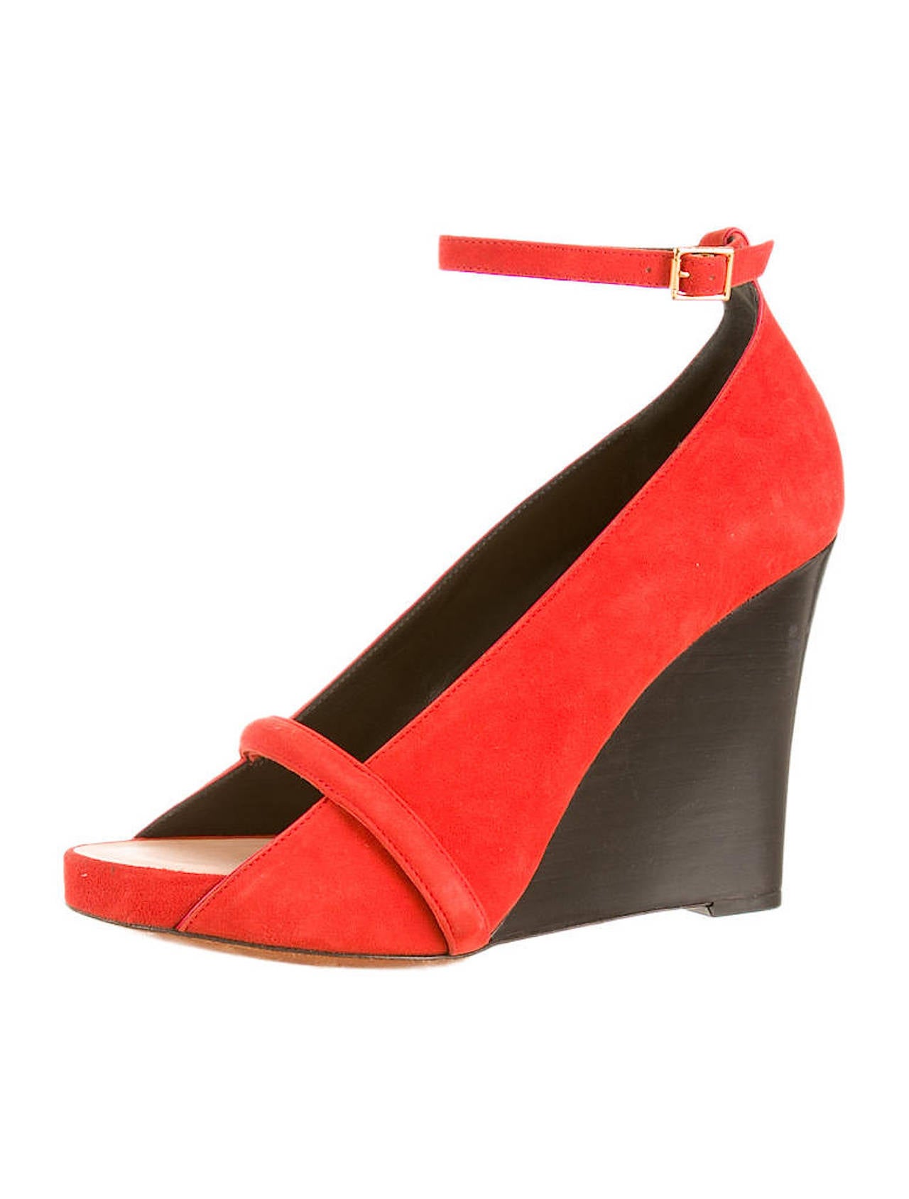 Bright tangerine suede Celine wedges with wooden 4.25