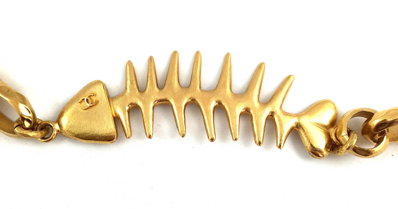 Art Deco Chanel Rare Couture Gold-Tone Deco Fishbone Necklace