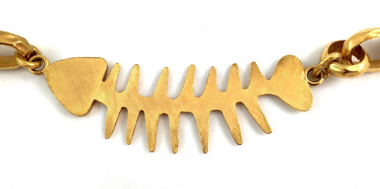 Chanel Rare Couture Gold-Tone Deco Fishbone Necklace In Excellent Condition In Bethesda, MD