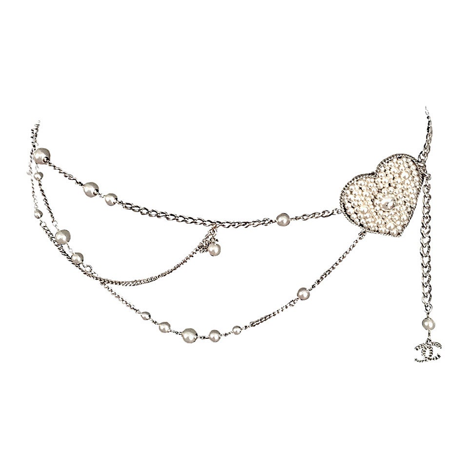 Chanel Important Silver-Tone Chain & Pearl Heart Sautoir Belt, 2006 For Sale