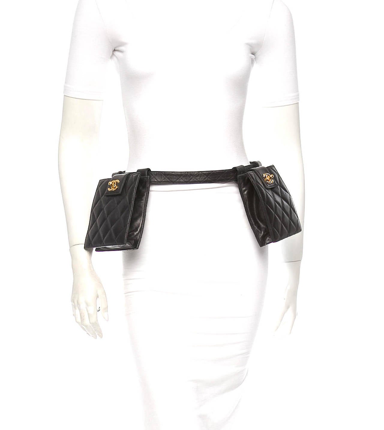 Chanel Rare Vintage Black Lambskin Double Waist Bag Belt at 1stDibs