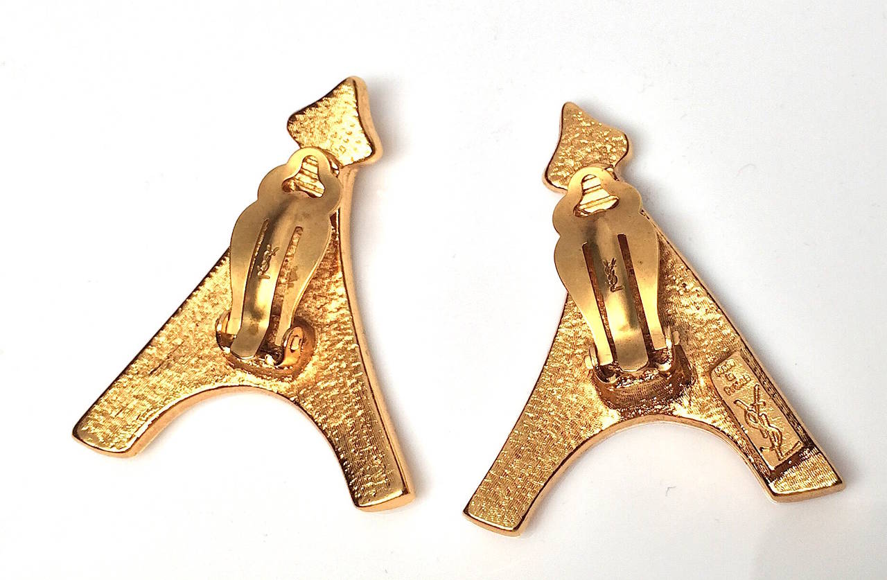 Art Deco Yves Saint Laurent YSL Gold-Tone Eiffel Tower Earrings, 1980s For Sale