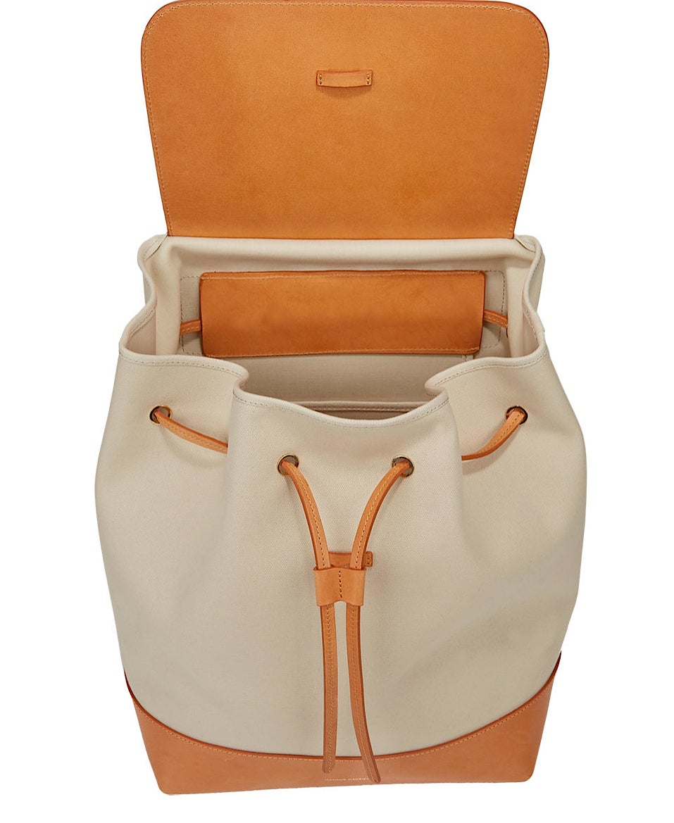 Mansur Gavriel NWT Tan Leather and Canvas Large Backpack In New Condition For Sale In Bethesda, MD