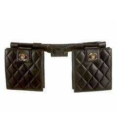 Chanel Rare Vintage Black Lambskin Double Waist Bag Belt