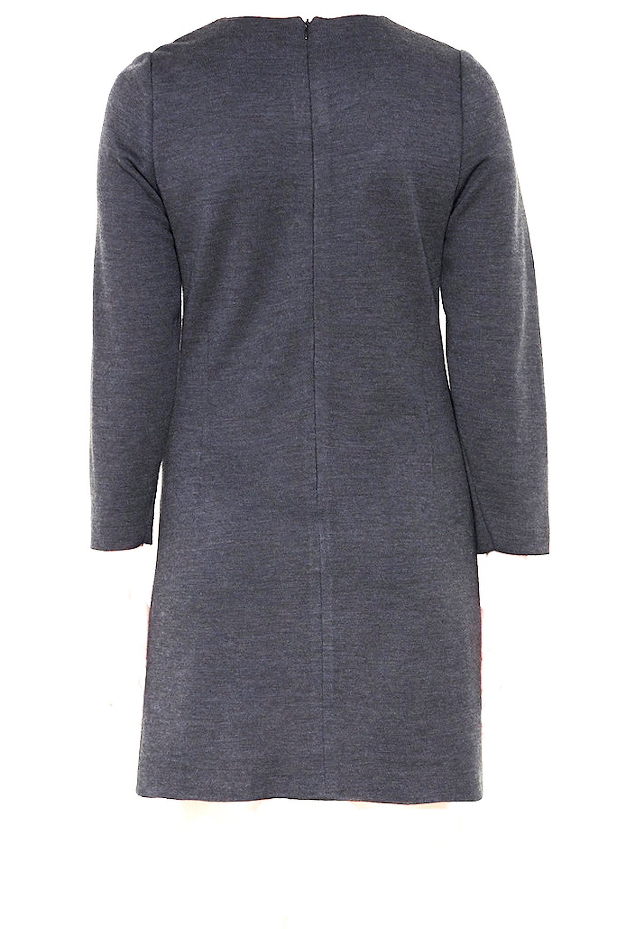 Pierre Cardin iconic mod gray wool mini dress with long sleeves and red diagonal stripes. Back zipper closure.