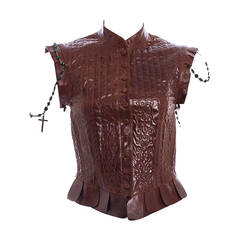 Alexander McQueen 2003 Runway Couture Brown Embroidered Leather Vest, IT 40