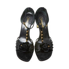 Chanel Black Velvet and Satin Sandals With Gold Chain Embellishments, EU 39