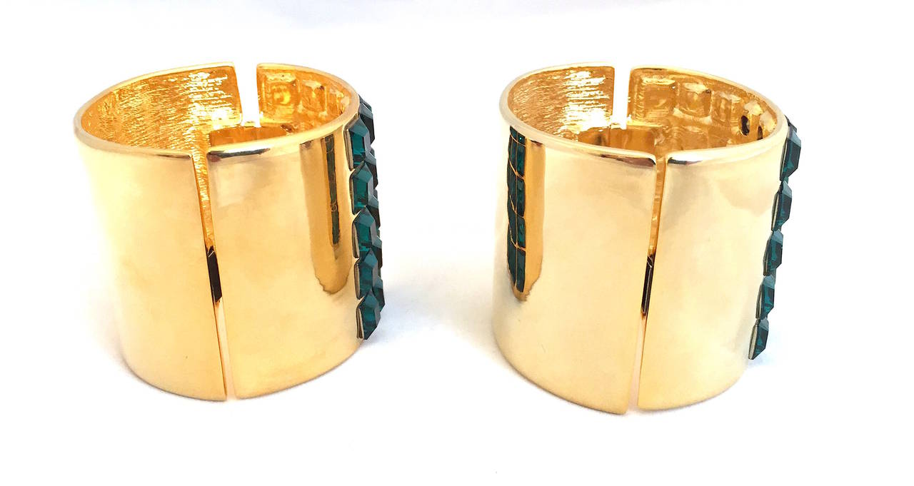 Art Deco Pair of Rare Kenneth Jay Lane KJL Gold-Tone Cuffs With Emerald Crystals