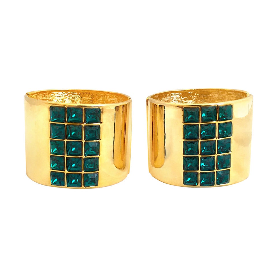 Pair of Rare Kenneth Jay Lane KJL Gold-Tone Cuffs With Emerald Crystals