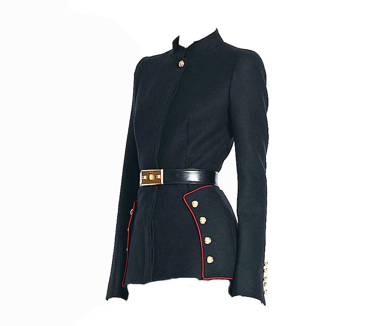 From the Autumn/Winter 2011 Collection, this runway military inspired jacket was designed by Sarah Burton for Alexander McQueen. Inspired by Manet, the military style black wool jacket features red braided embellishments and four gold-tone buttons
