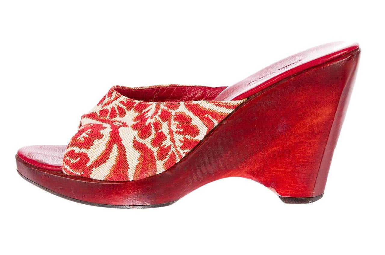 Kenzo retro clogs with ivory and red jacquard uppers, red leather interiors, and wood soles, size IT 39. Heels are 4