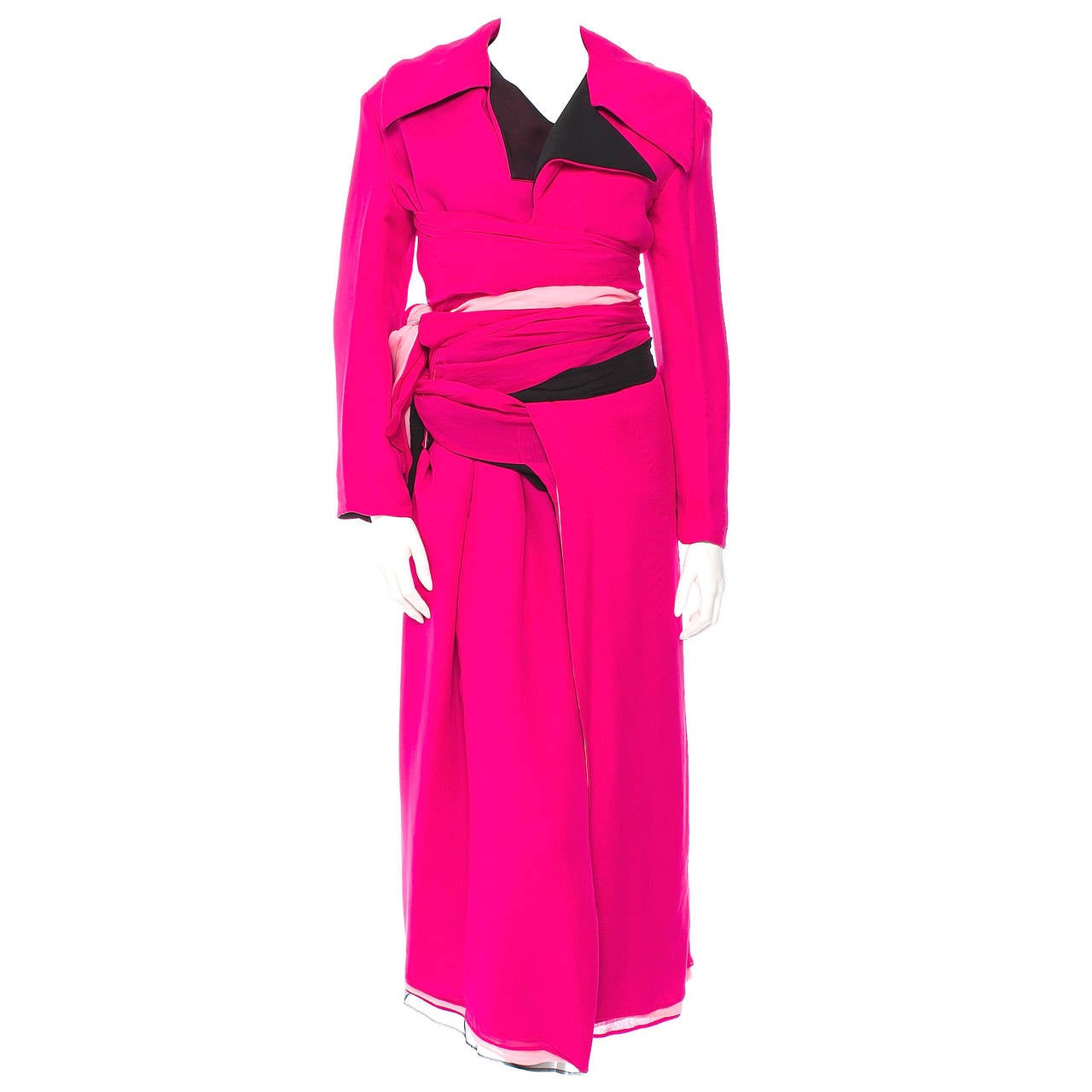 Yohji Yamamoto Fuchsia Silk Coat Dress with waist sash For Sale