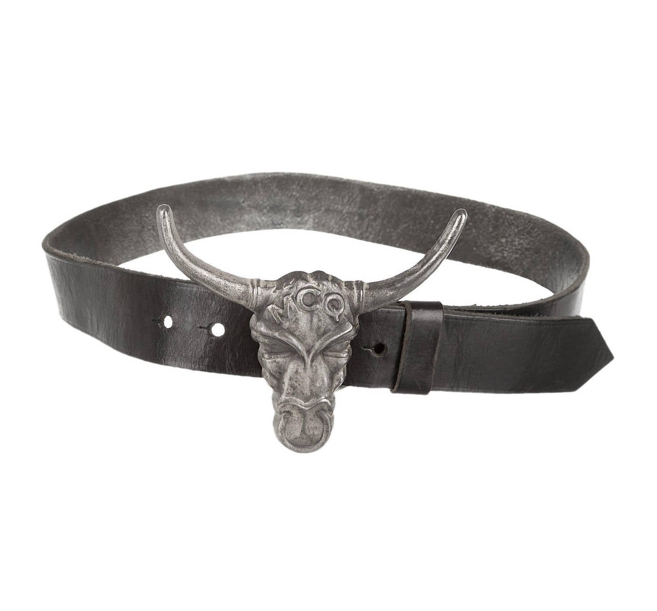 Black leather McQ by Alexander McQueen belt with silver-tone bull buckle closure at center featuring peg-in-hole closure.

Measurements: Length 31.5