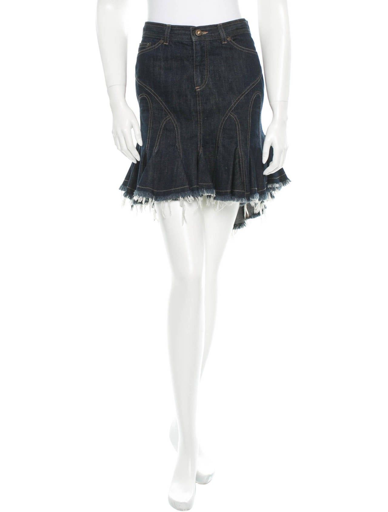 Alexander McQueen flared blue denim mini-skirt with contrast stitching, pockets, and raw edges.
Measurements: Waist 30