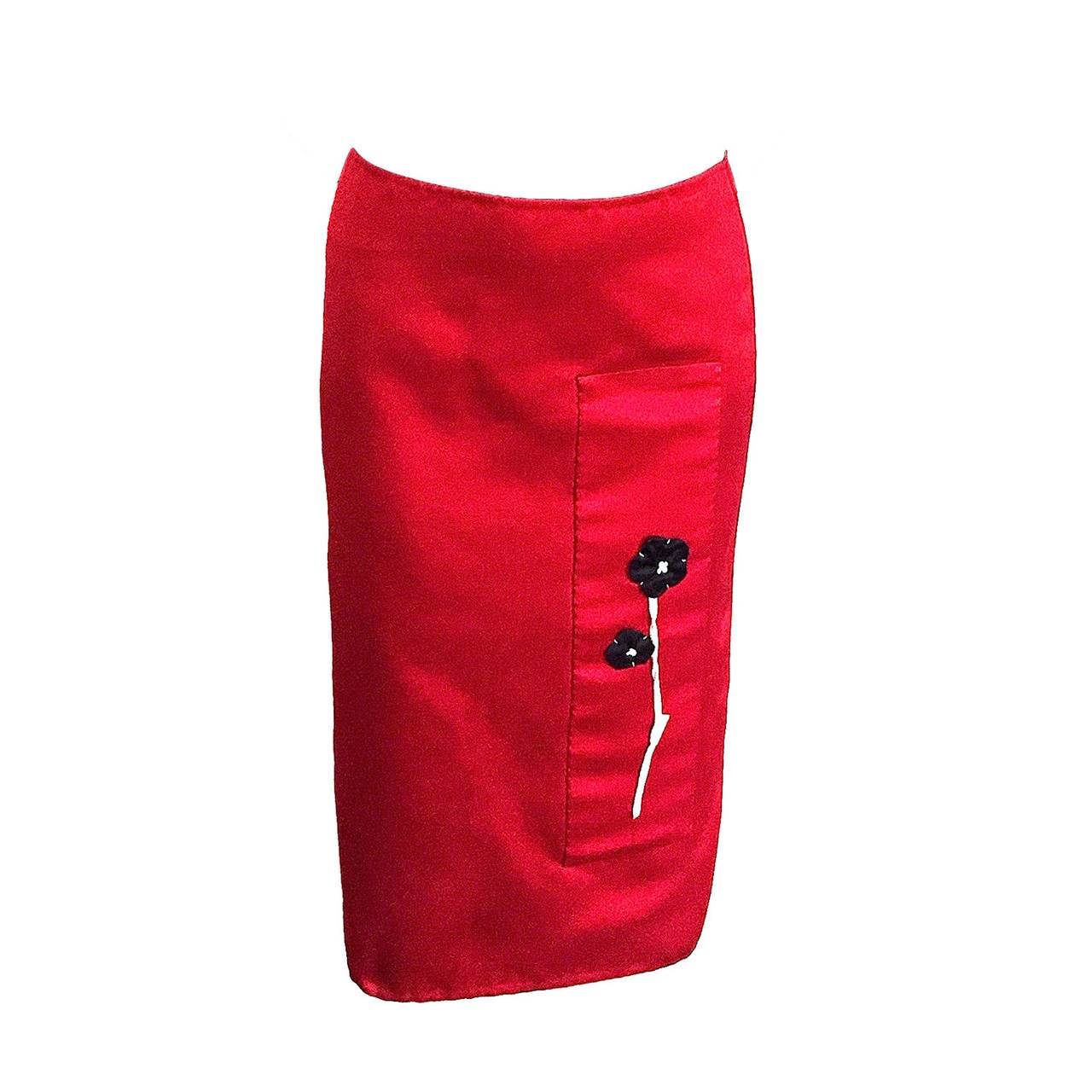 Prada Red Satin Runway Skirt with Flower Applique, IT 40 For Sale