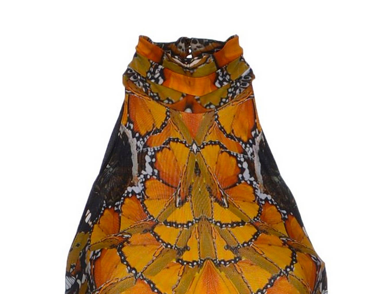 This Alexander McQueen dress features an intricate monarch butterfly print and halter neck from the Spring/Summer 2011 Alexander McQueen Collection. This same print was also worn by Effie from the film 