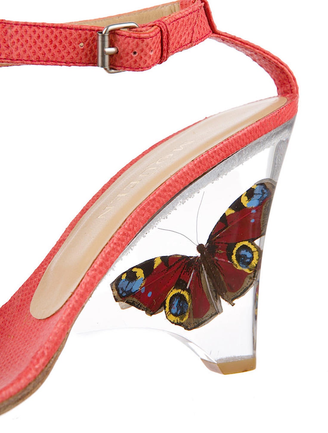 Highly collectible Alexander McQueen sandals from his SS Irere Collection featuring coral embossed leather t-straps and 4