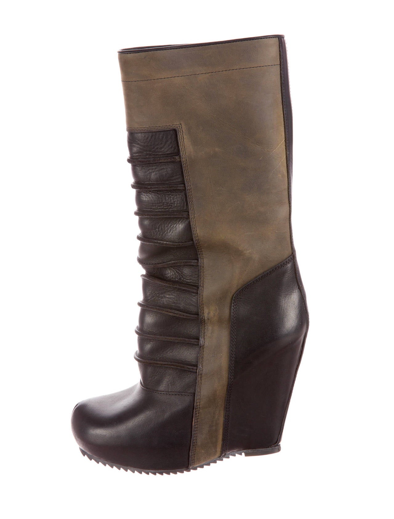 Rick Owens short Ruhlmann wedge short boots with olive suede and black creased leather. Calf Circumference 12”, Shaft 11.5”, Heels 4.75”