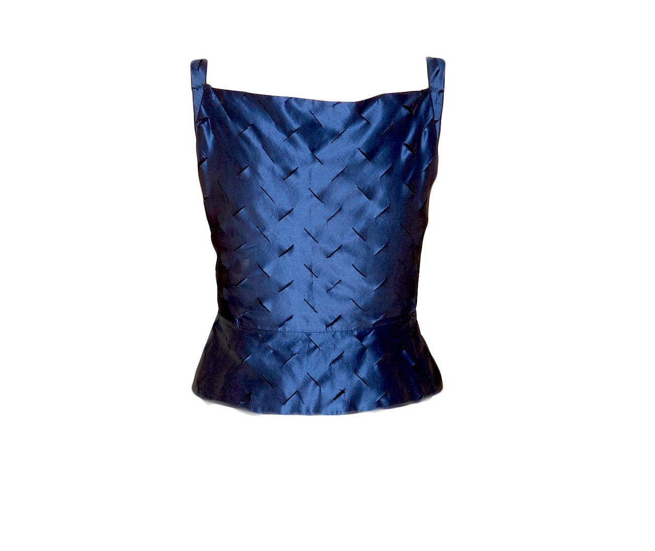 Vivienne Westwood Anglomania deep blue sleeves corset top (no boning) with criss cross pleating and cut outs. Hidden front closure.
Measurements: Shoulder to hem 18.5