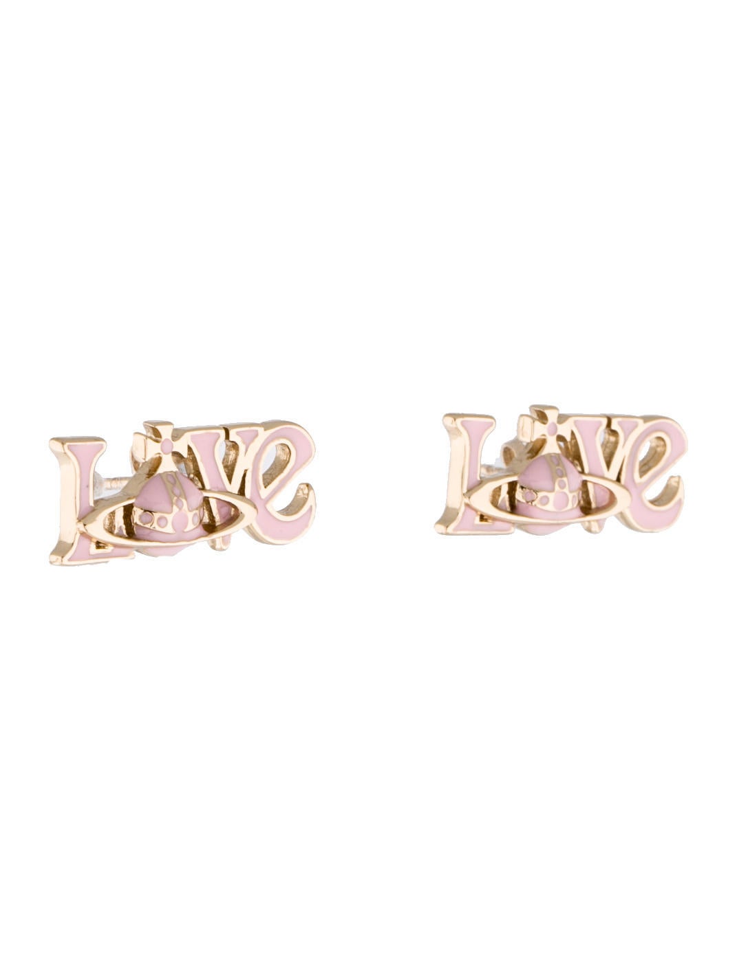 Vivienne Westwood pink enamel love stud earrings with gold-tone accents and clutch back closures. Includes pouch and box. 

Measurements: 0.4