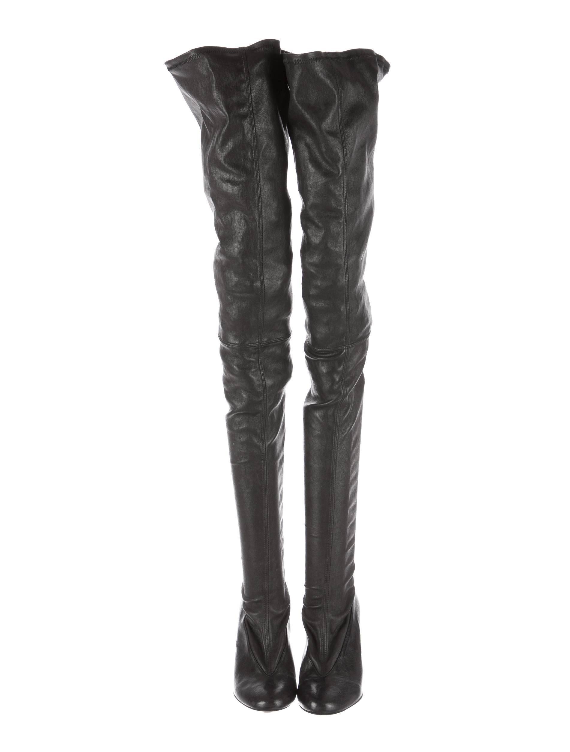 Black leather Maison Martin Margiela thigh high boots with back zipper closure and silver-tone nail stiletto 4
