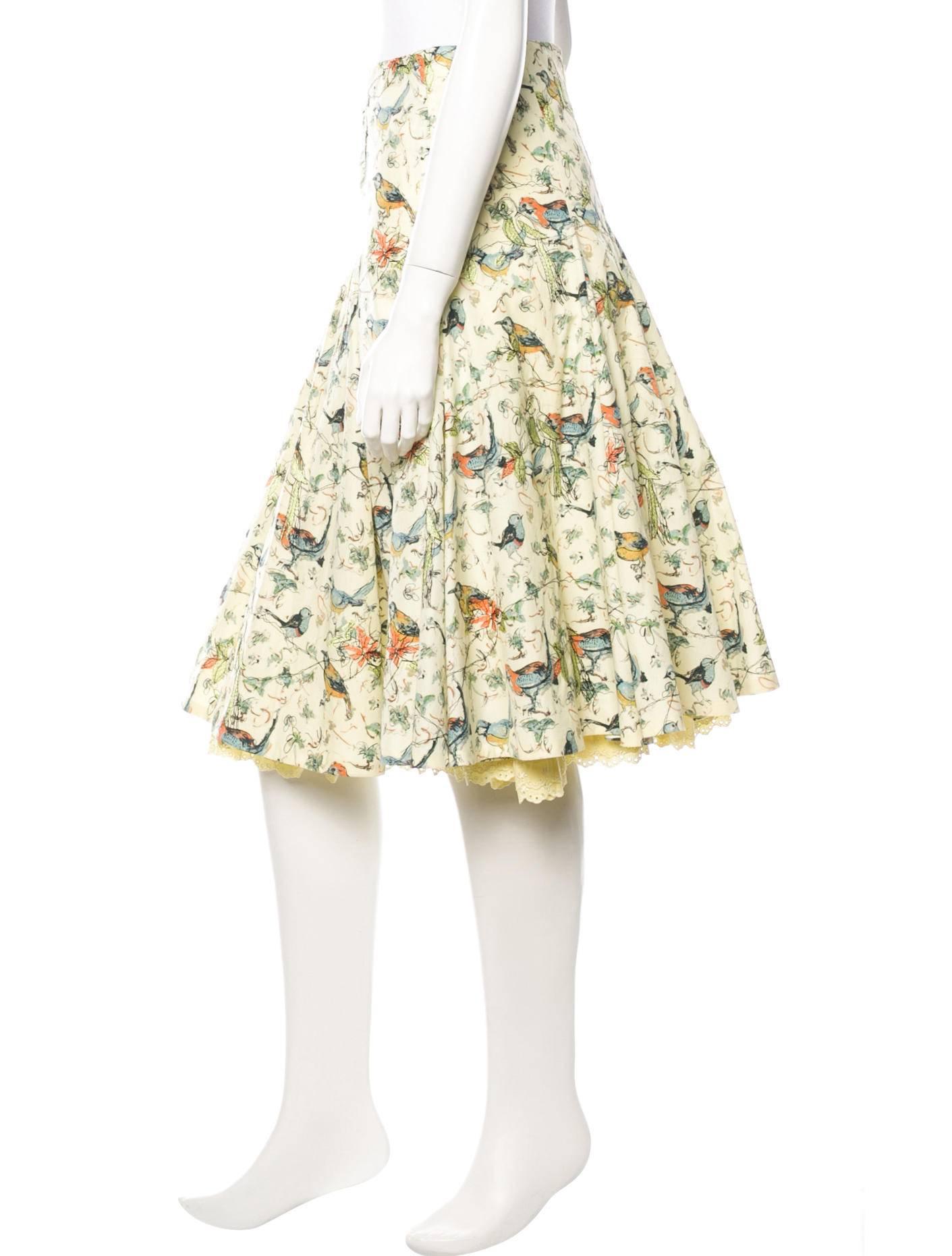 Bright Alexander McQueen cotton skirt with bird print and intricate embroidery from his Spring Summer 2005 Collection, 