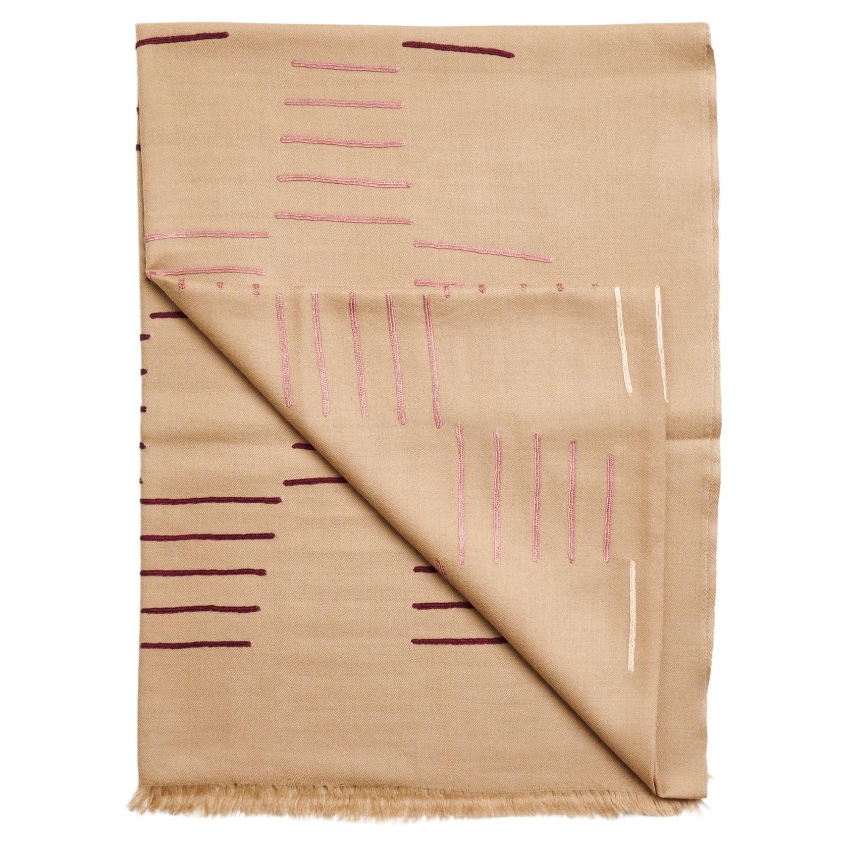 Maple Beige Hand Embroidered Hand Woven Modern Artisanal Scarf For Sale