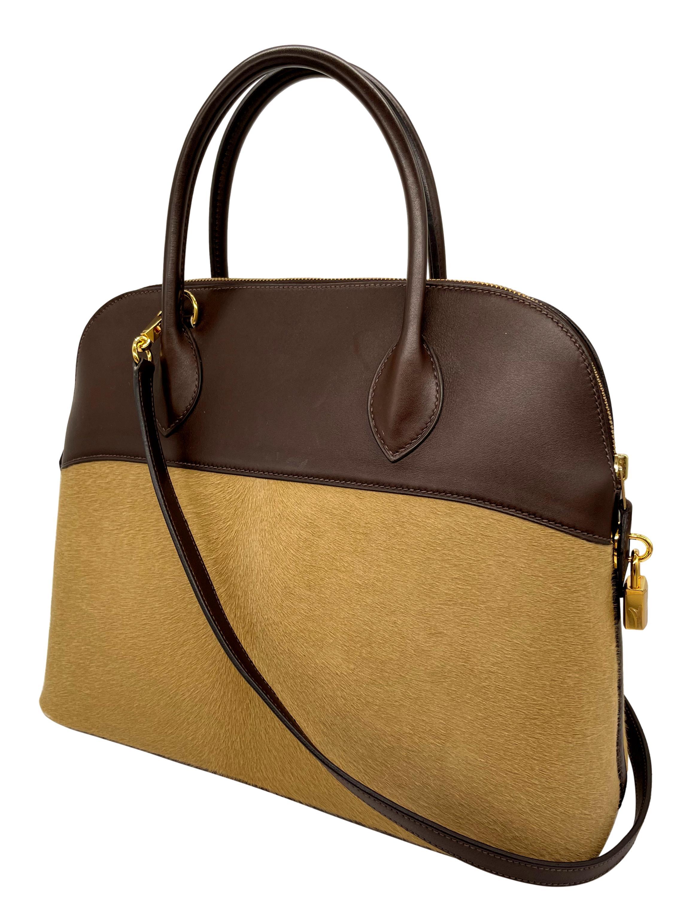 Brown Hermès Limited Edition Ébene Evercalf & Troika Ponyhair Bolide Bag 35cm, 2007.