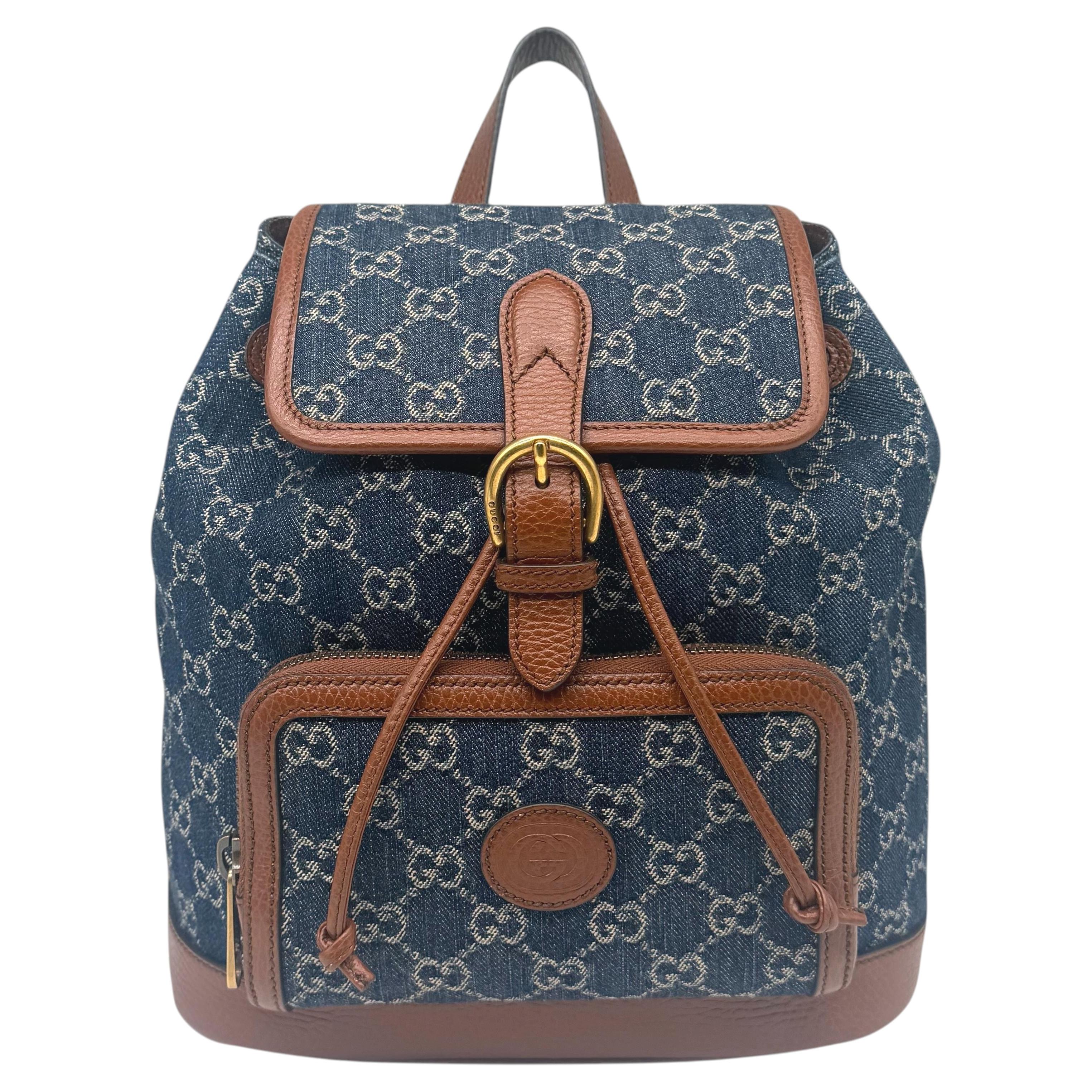 Zaino Gucci in denim, tela GG Supreme e pelle marrone, Primavera/Estate 2022. in vendita