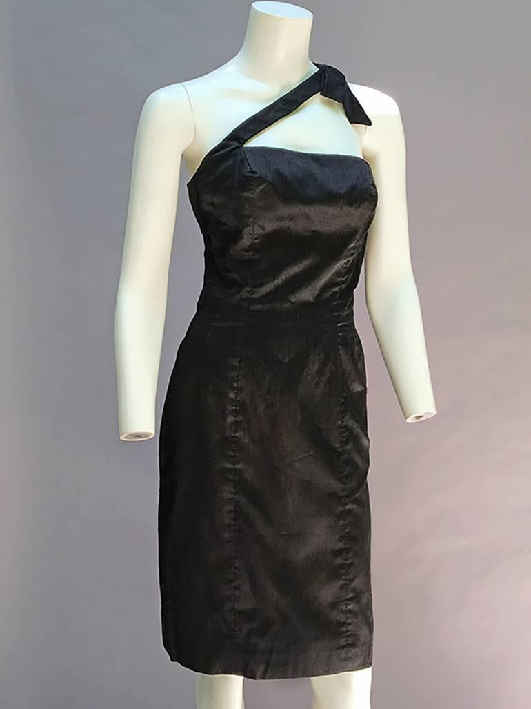 Black 60S Estevz Vintage Noir Silk Dress For Sale