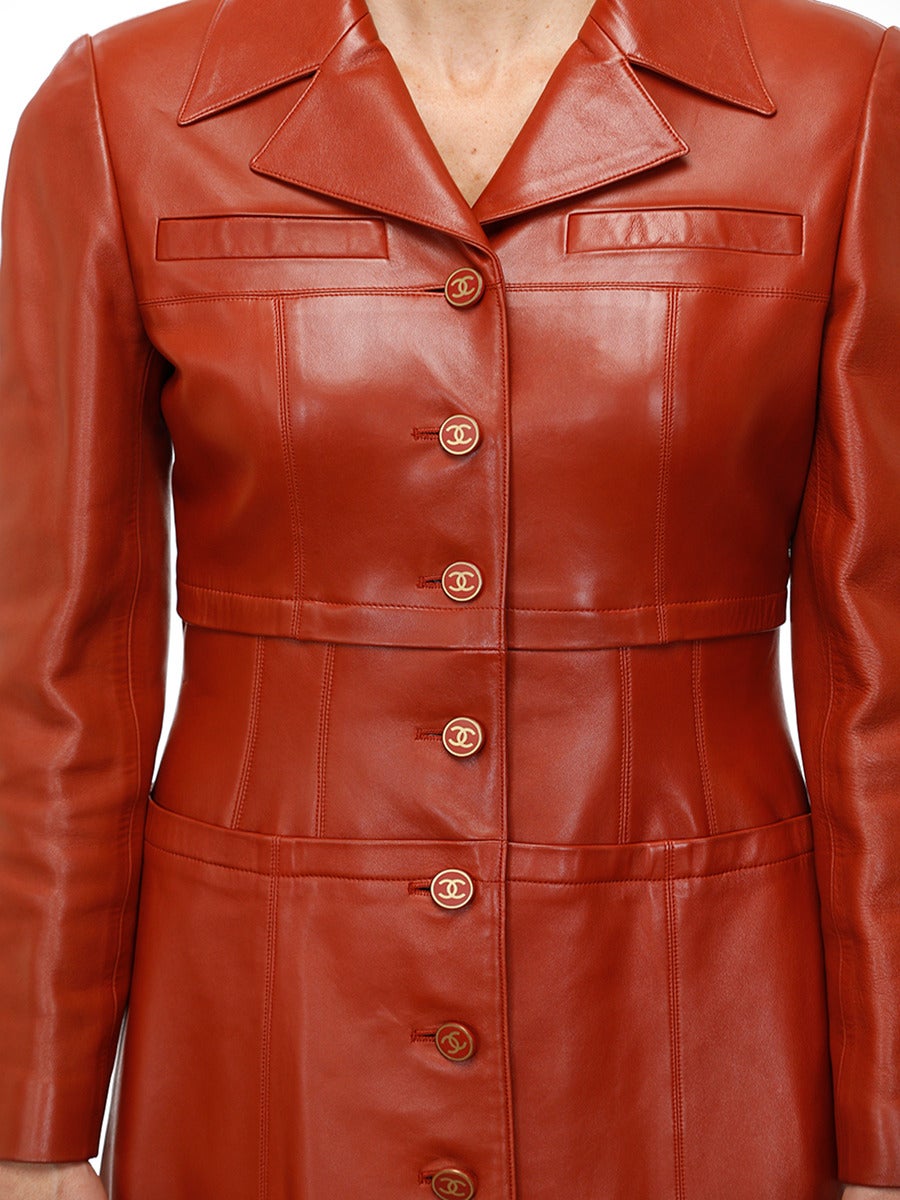 Chanel Cognac Lambskin Fitted Leather Coat For Sale 3