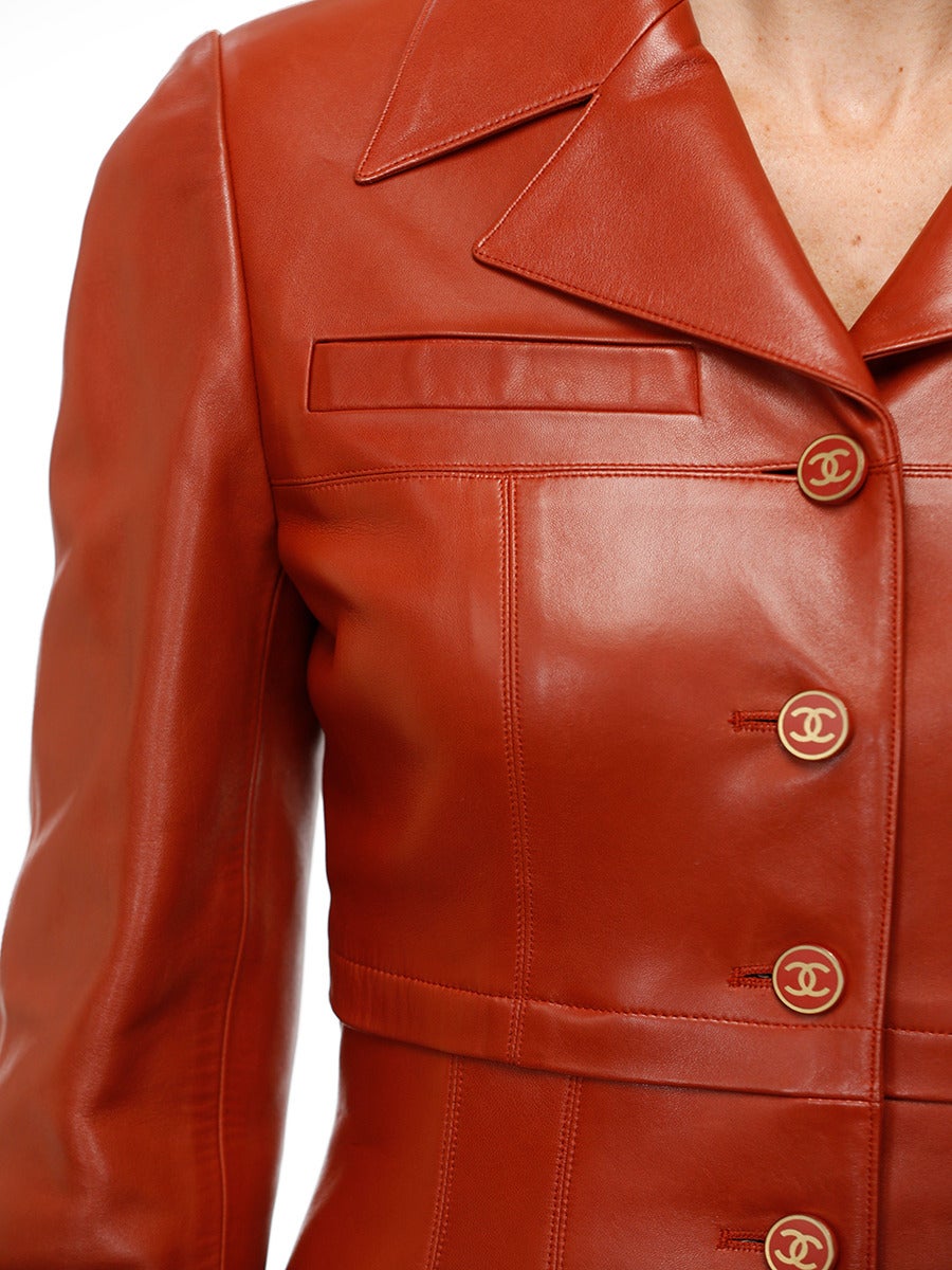 Chanel Cognac Lambskin Fitted Leather Coat For Sale 4