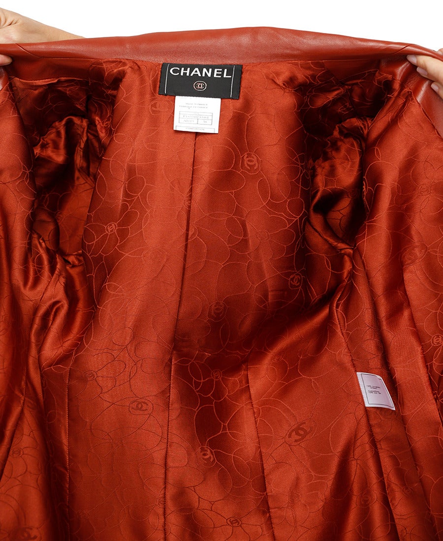 Chanel Cognac Lambskin Fitted Leather Coat For Sale 6