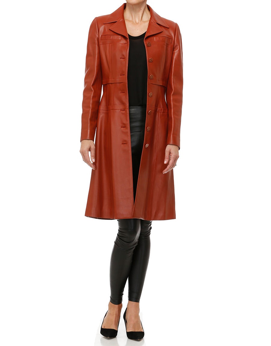 Chanel Cognac Lambskin Fitted Leather Coat In New Condition For Sale In Toronto, Ontario