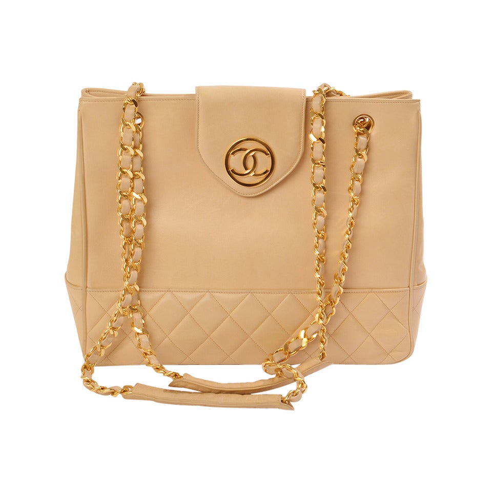 Chanel Beige Calfskin Leather Shopping Tote For Sale